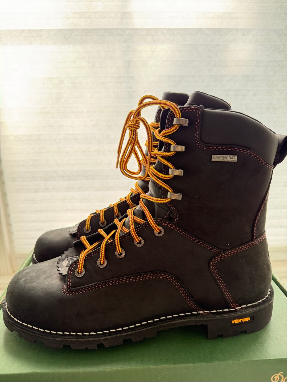 Danner Black and Yellow Work Boots with Orange-Toned Laces
